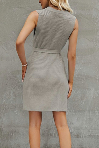 Classic Slim Fit Midi Skirts Plain Acrylic Round Neck Dress