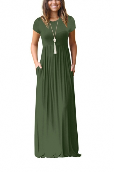 Round Neck Short Sleevele Long Dress Plain Polyester Summer Dress With Pockets