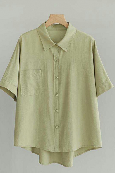 Lapel Collar Plain Button Down Blouse Summer High Low Shirts
