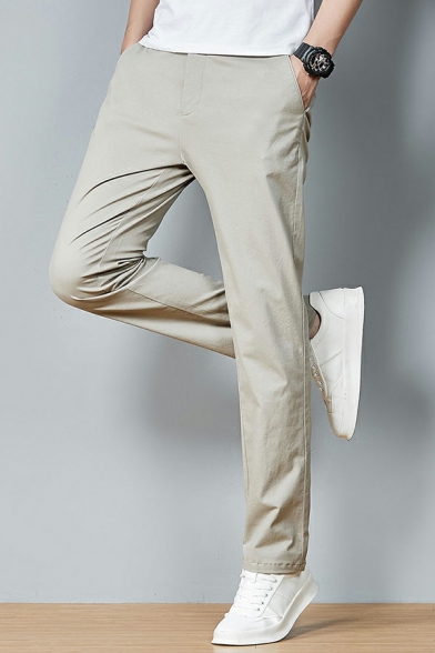 Slim Fit Plain Long Pants Cotton Track Pants With Zip-Fly Closure