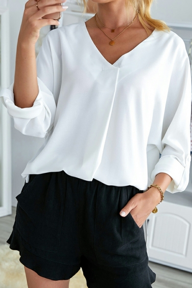 Modern Girl's Pure Color Trendy Long Sleeves V Neck Loose Shirt