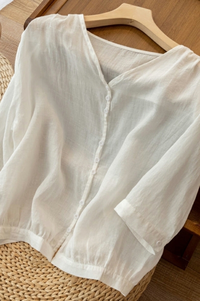 V-Neck Long Sleeve Shirts Plain Button Down Cotton Shirts