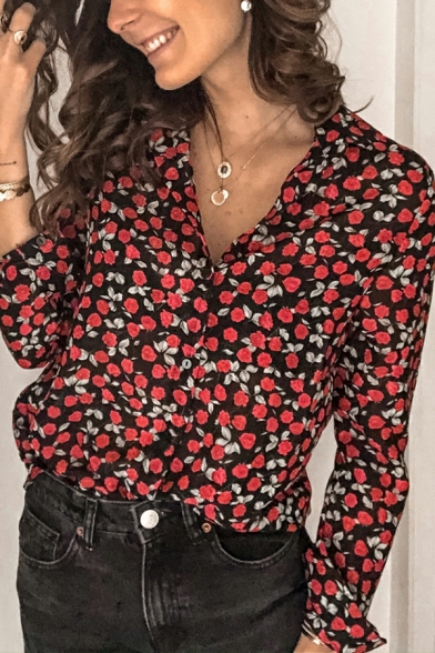 Modern Girl's Floral Pattern Button Downs Lapel Long Sleeve Shirt