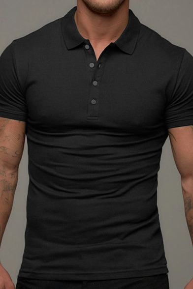 Modern Men's Vertical Whole Color Button Closure Short Sleeve Polo Shirt