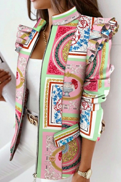 Fashion Long Sleeve Print Slim Fit Coat Zipper Fly Women’s Jacket