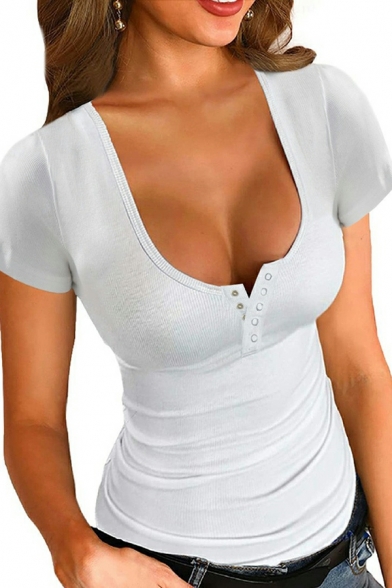 Modern Girl's Pure Color Slim Fit Sexy U-neck Short Sleeve T-Shirt