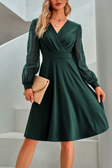 V-Neck Long Sleeve Dress Mid Length Plain Slim Fit Dress