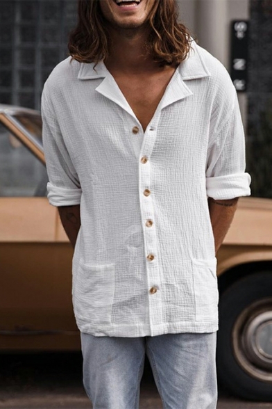 Vintage Men's Vertical Whole Color Button Closure Long Sleeve Shirt