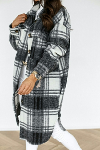 Long Sleeve Lapel Neck Coat Grid Long Length Women’s Coat