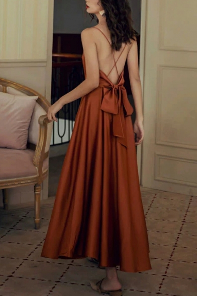 Modern Girl's Pure Color Spaghetti Strap Bandeaus V-Neck Sleeveless Dresses