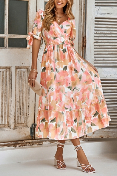 V-Neck Short Sleeve Dress Floral Slim Fit Dress