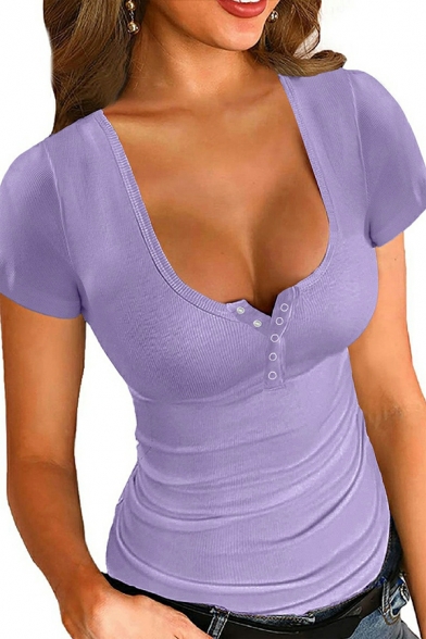 Modern Girl's Pure Color Slim Fit Sexy U-neck Short Sleeve T-Shirt