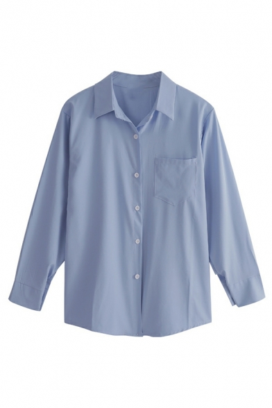 Plain Loose First Long Sleeve Shirts Lapel Neck Polyester Shirt