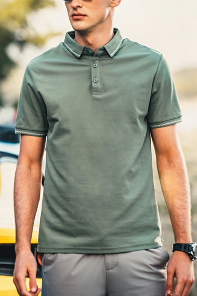 Simple Men‘s Stripe Print Button Detail Spread Collar Regular Fit Polo Shirt