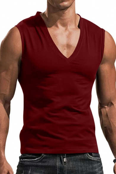 Street Style Men's Pure Color Sleeveless V-neck Fitted SuspendersT-Shirt