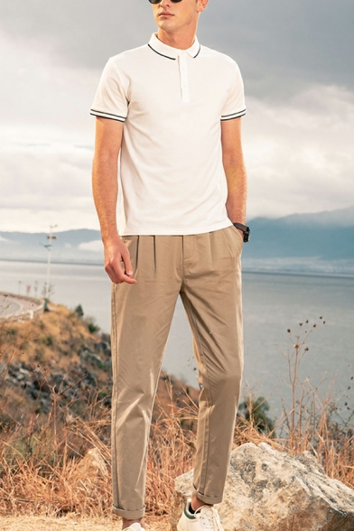Urban Men‘s Stripe Print Button Detail Spread Collar Regular Fit Polo Shirt