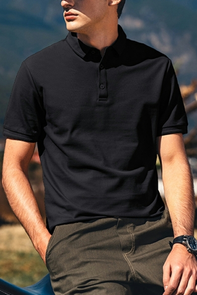 Urban Men‘s Whole Color Button Detail Spread Collar Regular Fit Polo Shirt