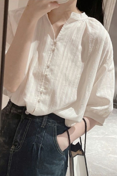 Round Neck Long Sleeve Plain Shirts Button Down Loose Fit Shirt