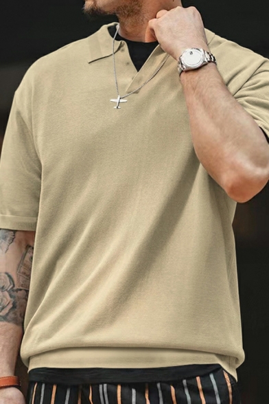 Men Stylish Solid Color Lapel Collar Short Sleeve Slim Polo Shirt