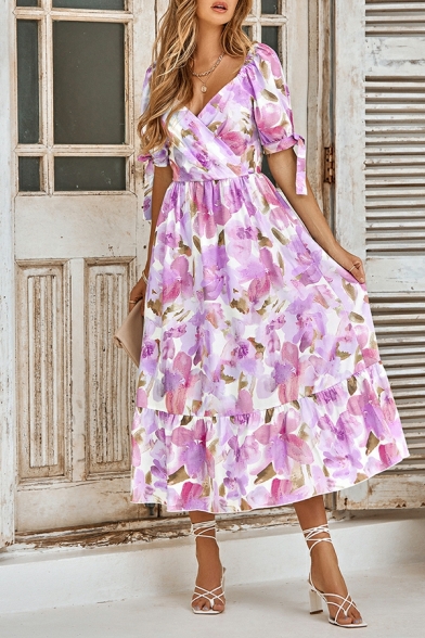 V-Neck Short Sleeve Dress Floral Slim Fit Dress