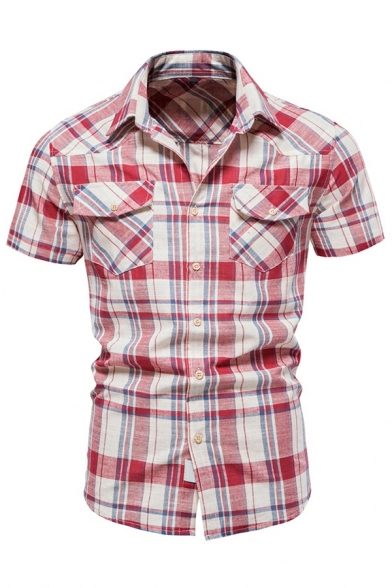 Lapel Collar Slim Fit Short Sleeve T Shirt Grid Cotton T Shirts