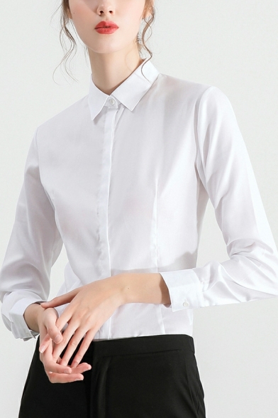 Long Sleeve Lapel Neck Shirts Plain Button Down Slim Fit Shirts