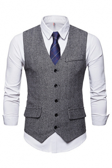 V-Neck Sleeveless Button Down Suit Vest Plain Skinny Fit Vest