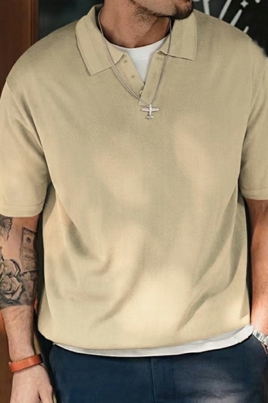 Men Stylish Solid Color Lapel Collar Short Sleeve Slim Polo Shirt