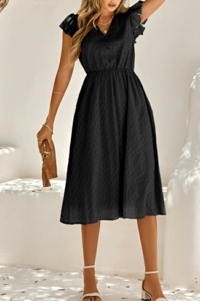 Short Sleeve V-Neck Dress Long Length Plain Slim Fit Dress