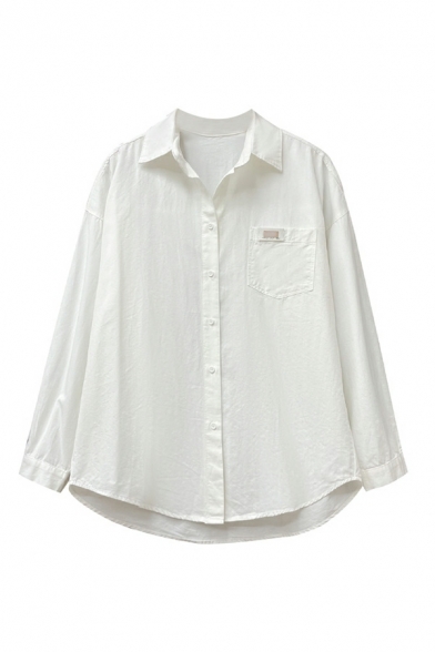 Lapel Neck Long Sleeve Shirts Button Down Plain Loose Fit Shirts