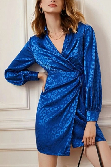Long Sleeve V-Neck Dress Short Length Women’s Dress in Blue