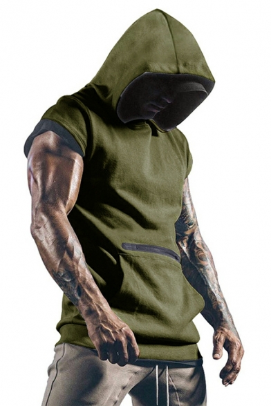 Hooded Plain Sleeveless Tank Skinny Polyester Men’s Crop Top