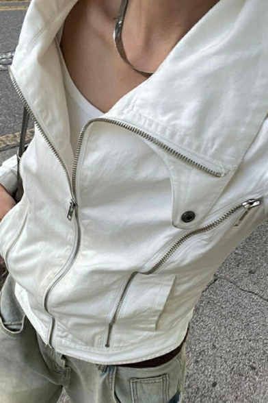 Lapel Neck Slim Fit Jacket Zipper Fly Long Sleeve Coat in White