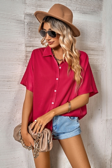 Loose Fit Short Sleeve Shirts Summer Lapel Neck  Button Down t Shirts