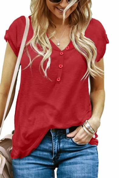 Modern Girl's Pure Color Short Sleeve V Neck Casual Loose T-Shirt