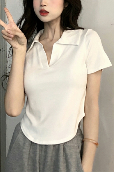 Modern Girl's Pure Color Short Sleeve Lapel Collar Polo Shirt