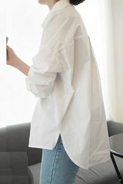 Plain Loose First Long Sleeve Shirts Lapel Neck Shirt in White