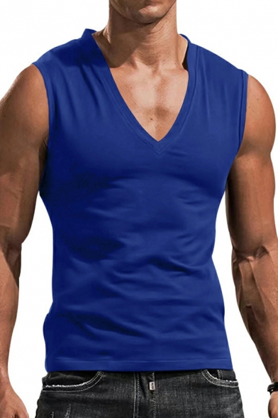 Street Style Men's Pure Color Sleeveless V-neck Fitted SuspendersT-Shirt