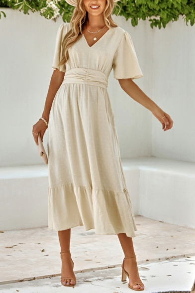 V-Neck Short Sleeve Dress Long Length Plain Slim Fit Dress