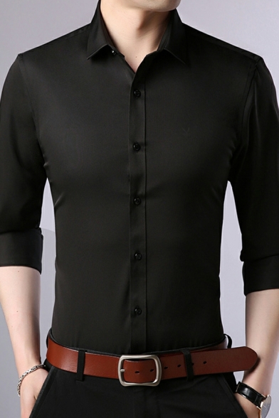 Lapel Collar Long Sleeve Shirts Plain Button Down Slim Fit Shirts