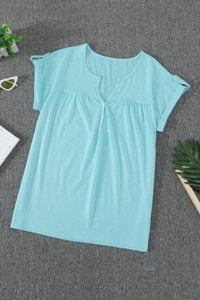 Modern Girl's Pure Color Short Sleeve V Neck Casual Loose T-Shirt