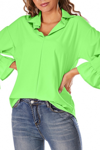 Street Style Girl's Pure Color Long Sleeve Button Spread Shirt