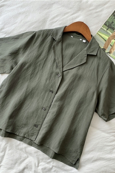 Lapel Neck Short Sleeve Shirts Button Down Plain Crop Top