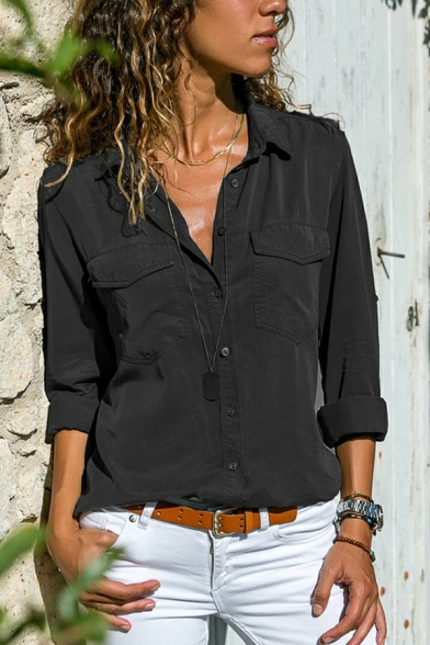 Modern Girl's Pure Color Lapel Long Sleeve Button Spread Shirt