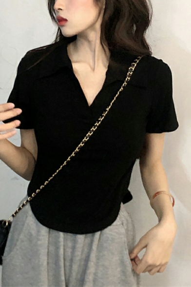 Modern Girl's Pure Color Short Sleeve Lapel Collar Polo Shirt