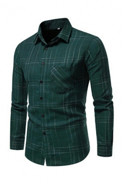 Grid Long Sleeve Lapel Neck Shirts Skinny Fit Men’s Cotton Blends Shirts