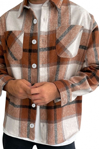 Trendy Men's Plaid Print Long Sleeve Lapel Collar Button-down Shirt