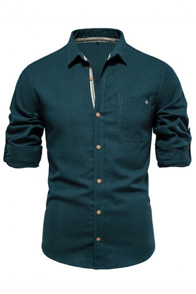 Long Sleeve Lapel Collar Shirts Plain Button Down Slim Fit Shirts