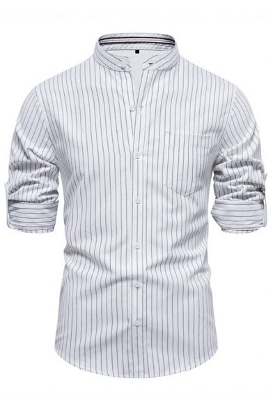 Long Sleeve Stand Collar Striped Shirts Button Down Slim Fit Shirts