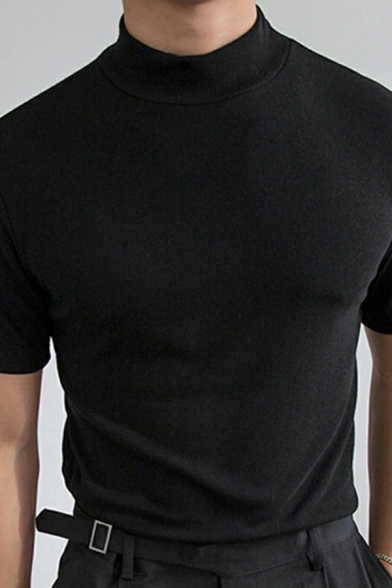 Modern Men's Pure Color Short Sleeve Slim Fitted High Neck T-Shirt